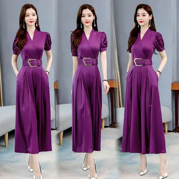

2020 Summer New Female Long Jumpsuit Office Lady Elegant Short Sleeved Long Wide Bridge Rompers