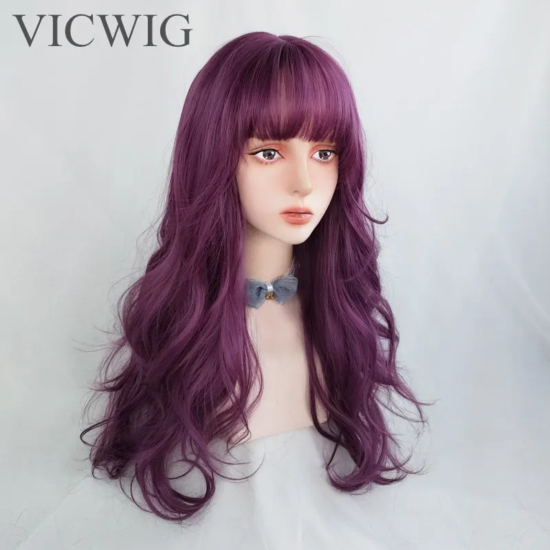 

VICWIG Long Wave Synthetic Wig with Bangs Purple Brown Heat-resistant Cosplay Wig for Women