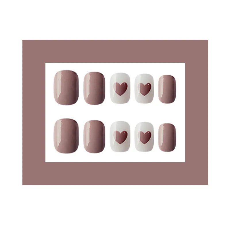 Nusx Ladies DIY Fake Nail Heart Pattern Shiny Brown Coffee Color Full Cover Short Press On 2