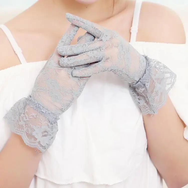 Солнцезащитные кружевные перчатки для женщин, короткое платье, свадебные перчатки для невесты, прозрачные кружевные перчатки принцессы для венчания, аксессуары для свадьбы - Цвет: Серый