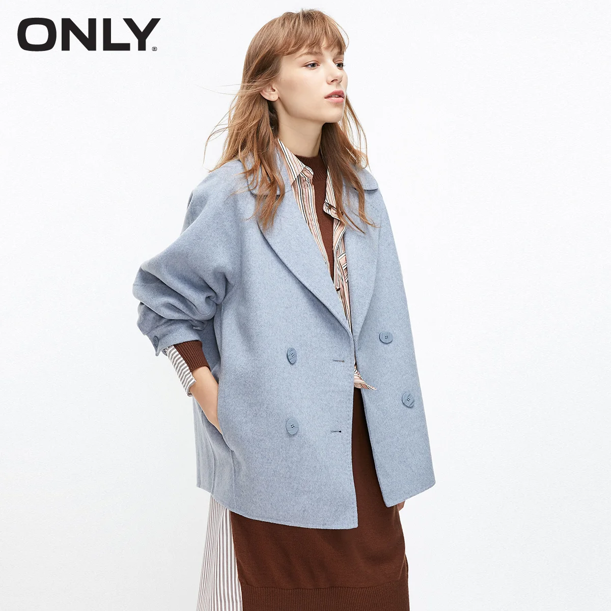Только осенне-зимнее женское пальто свободного кроя с двойным покрытием | 11936T516 - Цвет: BLUE GRAY MELANGE