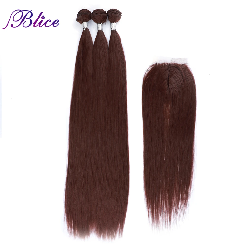 Blice Synthetic Hair Bundles with Closure Natural Hair Extensions 3 Bundles Silk Straight Weaving with Closures For Women