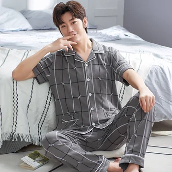 

Summer Pyjamas Mens Knitted Cotton Striped Pajamas Set Short Sleeve Turn-down Collar Loose Men Sleepwear Plus Size 3XL Pijamas