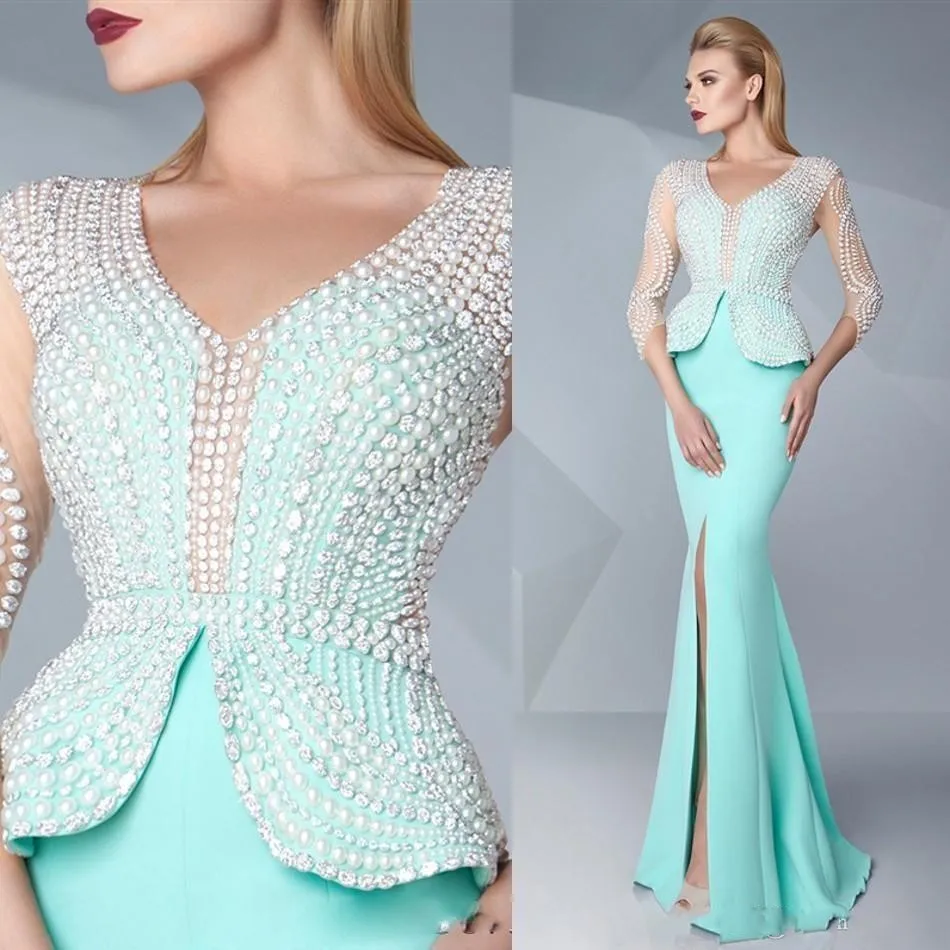 2020 Sexy Evening Dresses V Neck Blue Satin Long Crystal Pearls Beading Mermaid Peplum Split Prom Gowns Formal Party Dress | Свадьбы и