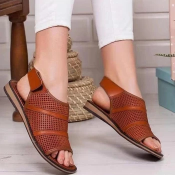 

2020 Summer Women Flat Sandals Hollow Out Ladies Artificial PU Vintage Shoes Woman Peep Toe Casual Female Shoes