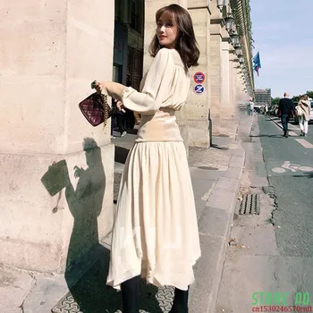 

Chiffon Dress Female Long Sleeve V Neck Tunic High Waist Midi Shirt Dresses Women Autumn 2020 Korean Fashion