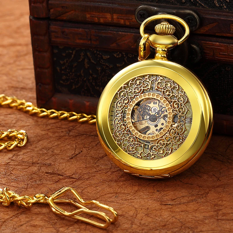Roman Numeral Mechanical Pocket Watch Antique Vintage Luxury Gold Steampunk Skeleton Luminous Fob Chain Clock for Men Women Gift