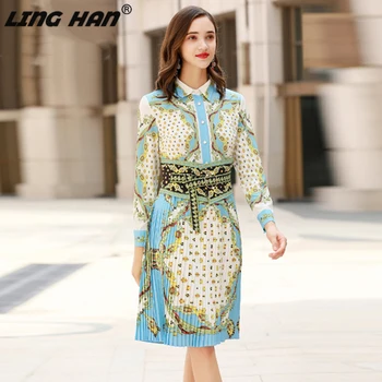 

LINGHAN Designer Runway Autumn Dresses Women Printed Empire Sashes Classical Pleated Knee-Length Midi Dress
