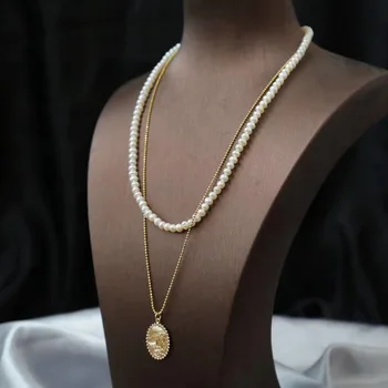 

18KGF 100% Natural freshwater pearl handmade fashionable 3-4MM pearl double layer necklace elegant gentle pearl jewelry