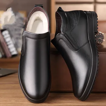 

Leather Chelsea Boots Men Winter Shoes Plush Warm Shoes Fashion Zipper Booties Mens Ankle Boots Black Booties 687