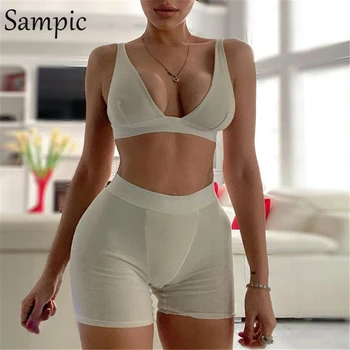 

Sampic Sexy Women Summer Set V Neck Sleeveless Sport Tops And Bodycon Skinny Biker Shorts Two Piece Set Bottom Outfits Suit 2020