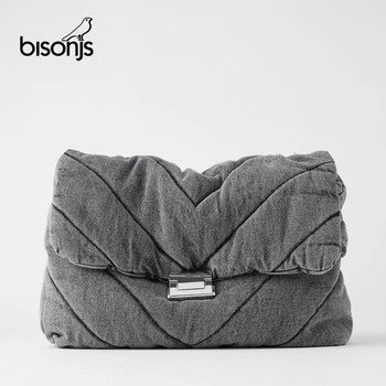 

BISONJS Vintage Denim Women Shoulder Bag Designer Jeans Handbag Luxury Chains CrossbodyBag Over Large CapacityTotes Female Purse