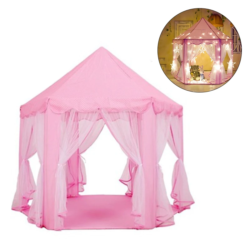 Портативная детская палатка для девочек, принцесса, розовый замок, детский игровой домик, москитная сетка для внутреннего и наружного сада, светильник со звездами