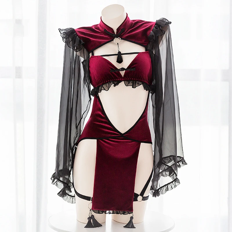 Dark Retro Witch Sexy Hollow Silk Sleeve Cheongsam Sexy Lingerie Set Witch Tight Game Wear Bandage Performance Costume