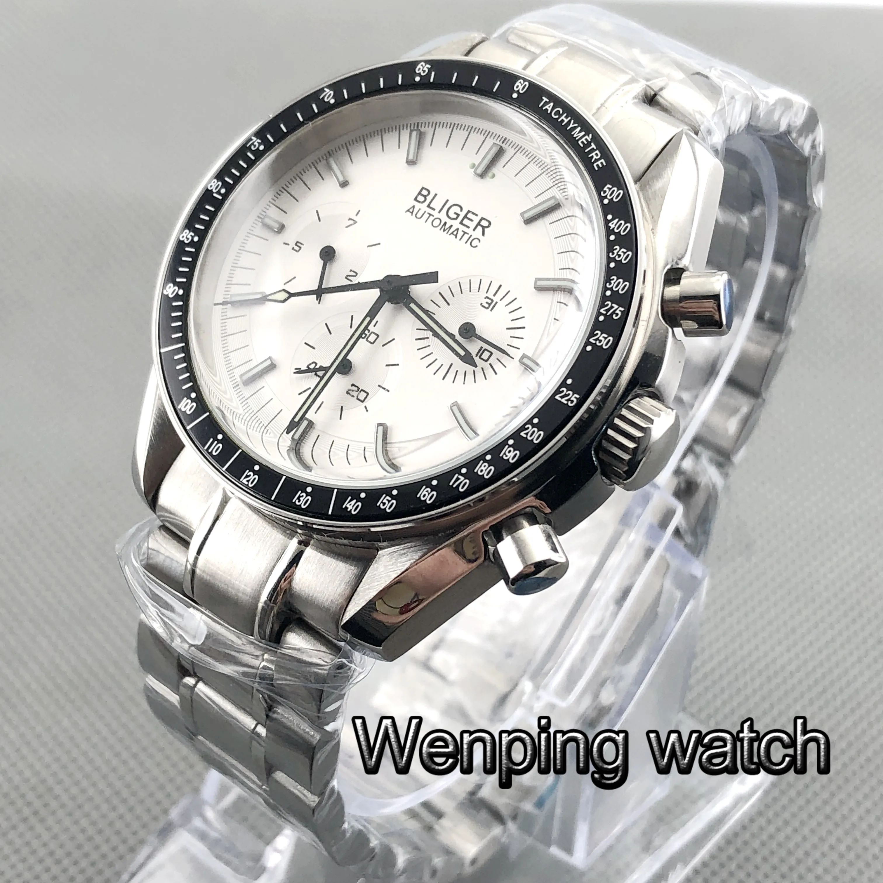 

40mm Bliger gray dial week date indicator multifunction stainless steel strap automatic mens luxury mechanical watch