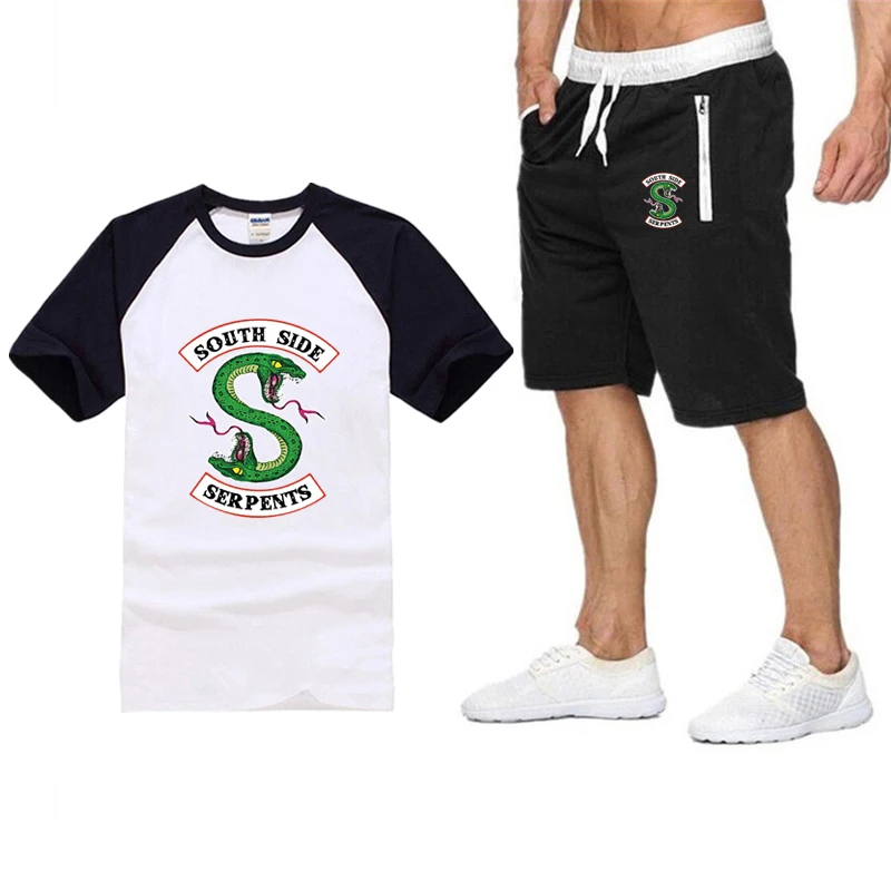 

RIVERDALE Harajuku Men T shirt Sweatpants Archie Comics Serpents Tracksuit T-shirt+Shorts Set Beach Summer Casual Sportswears