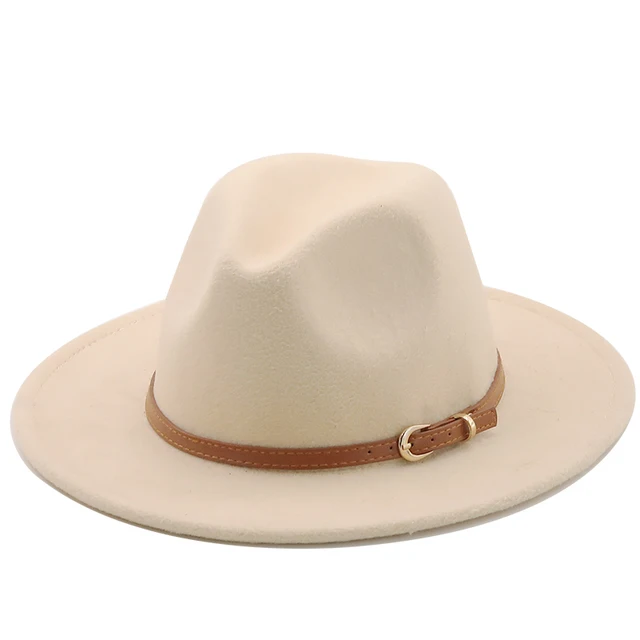 56-60cm White/BlackWide Brim Fedora Hat Women Men Imitation Wool Felt Hats with Metal Chain Decor Panama Jazz Chapeau hat 1