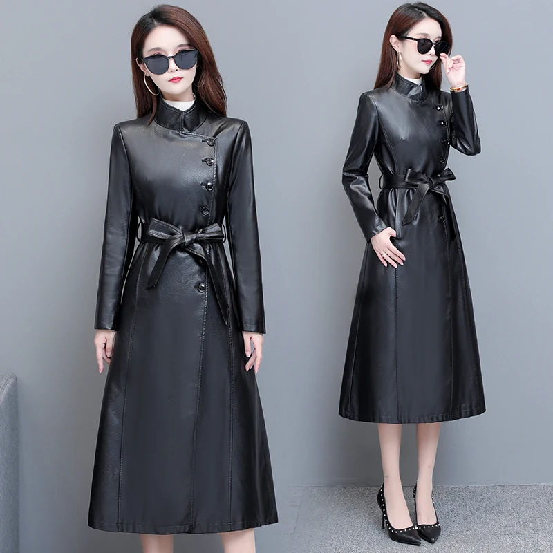 Куртка женская из искусственной кожи Длинная ветровка приталенный Блейзер в