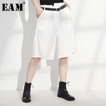 

[EAM] High Waist White Irregular Wide Leg Knee Length Trousers New Loose Fit Pants Women Fashion Spring Summer 2020 1W20700M