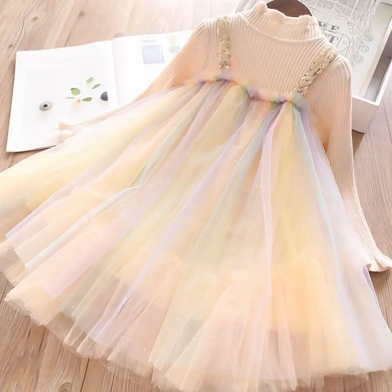 

Fashion Girls Dresses With Lace Long Sleeveless Kids Princess Dress For Party Sequins Girls Knitted Dress Children Clothing