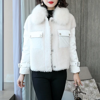 

Real Fur Coat Female Vintage Fox Fur Collar Duck Down Jacket Women Korean Sheep Fur Coats Elegant Sheep Shearing Jackets 19211