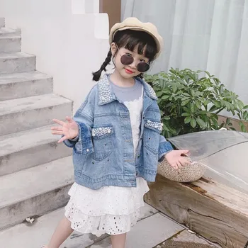 

Baby girls sweet style pearl denim jackets spring autumn new cotton long sleeve pockets outerwear coats tops for children ws953