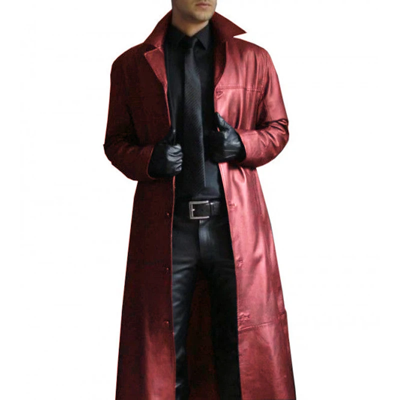 Men's Leather Trench Coat Vintage British Style Windbreaker Solid Color Slim-fit Long Jacket Plus Size S-5XL trench coat
