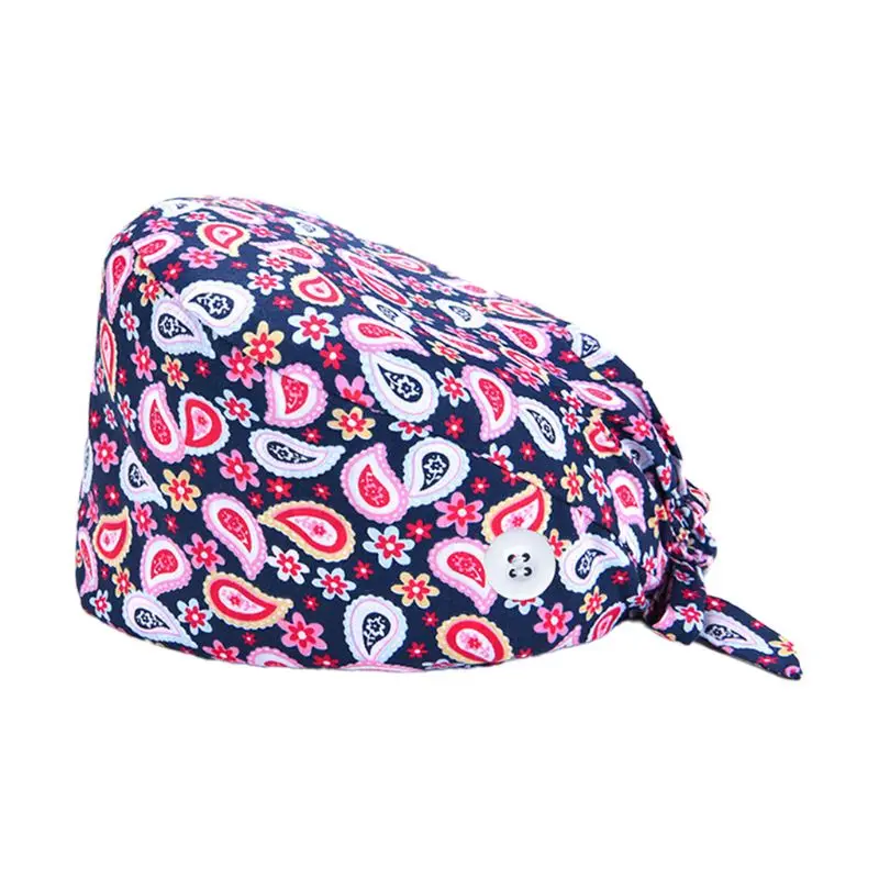 37 Colors Unisex Adjustable Working Scrub Cap with Protect Ears Button Electrocardiogram Embroidery Floral Print 