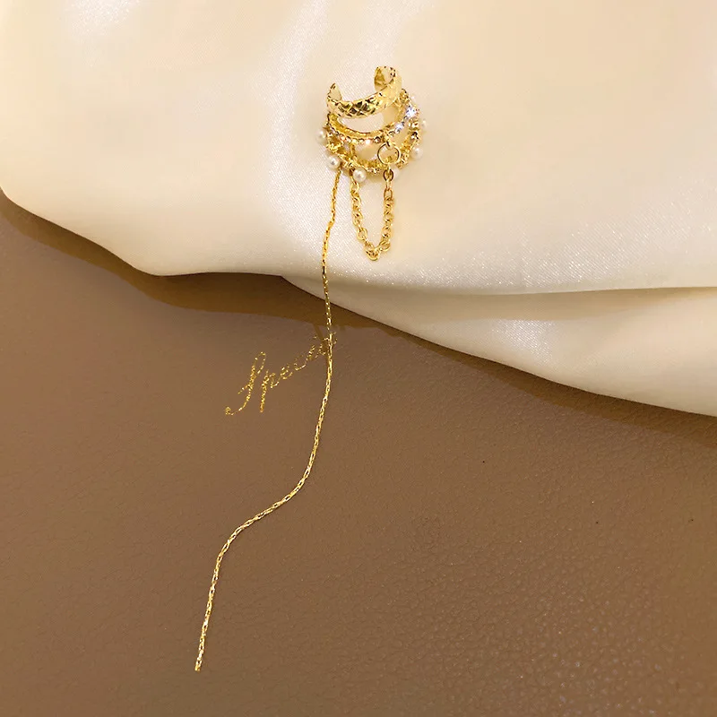 Multi-Layer Clip Earrings For Women Geometric Zircon Pearl Ear Bone No Pierced Long Chain Tassel