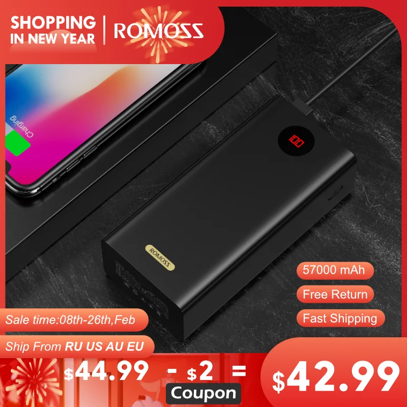  ROMOSS PEA57 Power Bank 57000 мАч SCP PD КК 3,0 двухполосный Быстрый портативное зарядное устройство Type C Внешнее зарядное устройство Power Bank для Huawei iPhone 