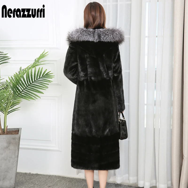 Nerazzurri real mink coat hooded black mink coats women with silver fox fur trim hood long sleeve plus size warm mink jacket 7xl