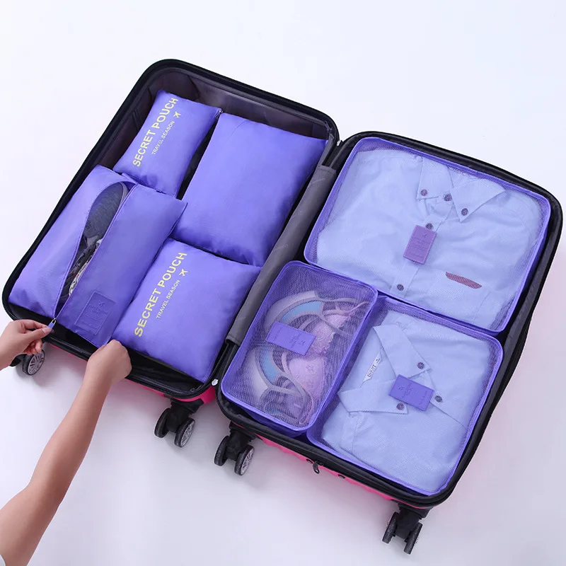 Hot Fashion Travel Waterproof Clothes Storage bags Luggage Pouch Packing Cube Solid Portable Organizer 7 pcs/set - Цвет: purple