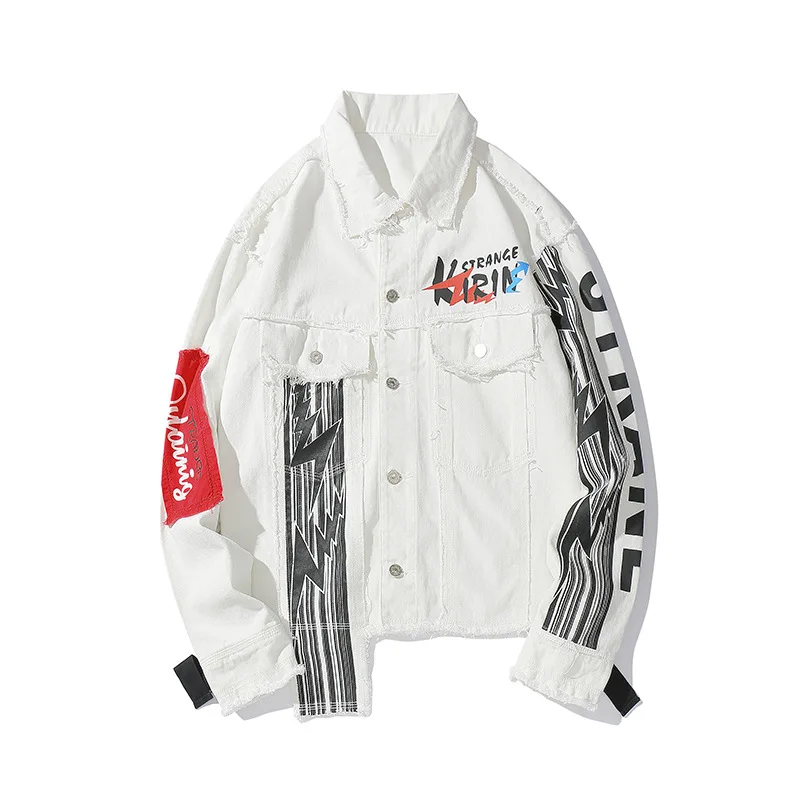 

ABOORUN Fashion Irregular Patchwork Printed Hip Hop Denim Jacket White Oversized Streetwear Jeans Jacket for Male R2995