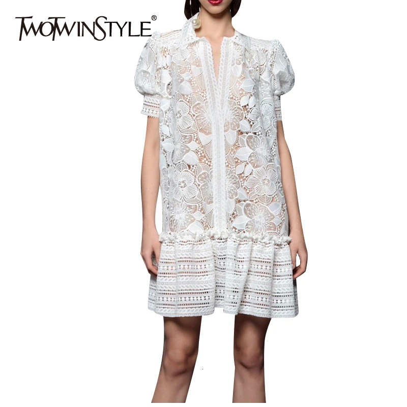

TWOTWINSTYLE Embroidery Dress For Women Lapel Collar Puff Sleeve Patchwork Lace Dresses Female Summer Oversized Fashion New 2019