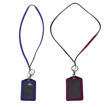 

2 Pcs Rhinestone Bling Crystal Custom Lanyard Vertical ID Badge Holder, Rose Purple & Dark Blue