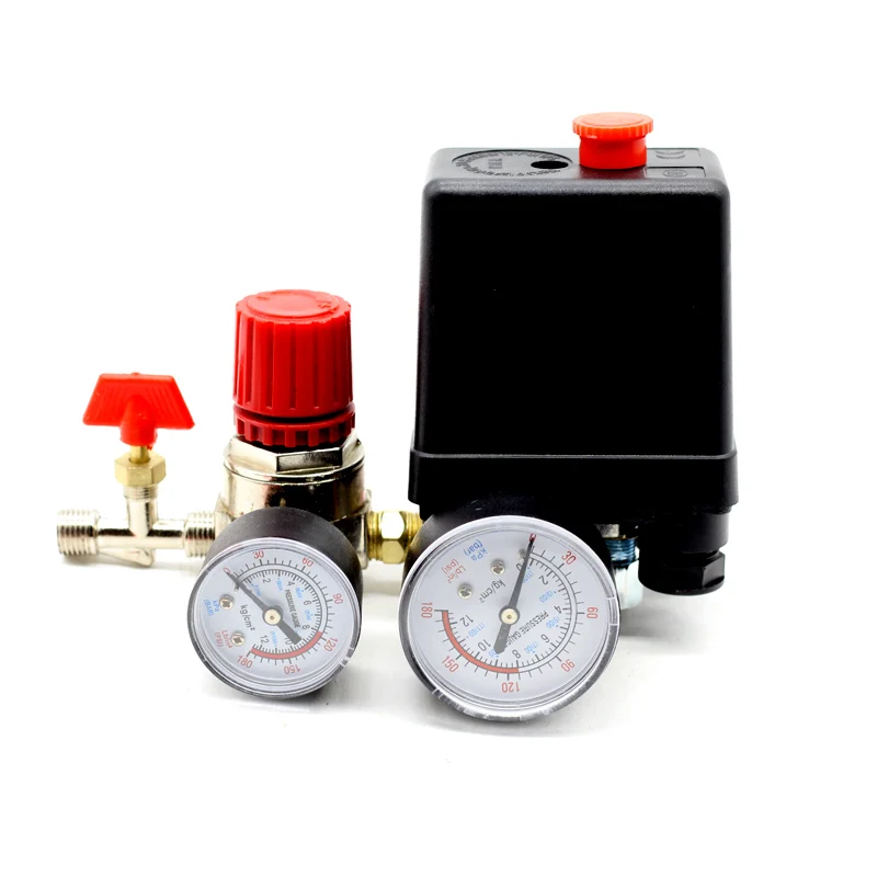 

240V AC Regulator Heavy Duty Air Compressor Pump Pressure Control Switch 4 Port Air Pump Control Valve 7.25-125 PSI with Gauge