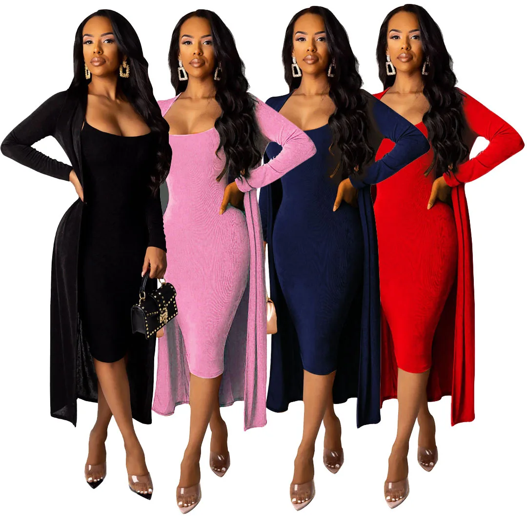 

2020 Autumn Women Suit European and American Hot Style Sexy Solid Color Deep V-neck Strapless Bra Dress Jacket Two-Piece Set