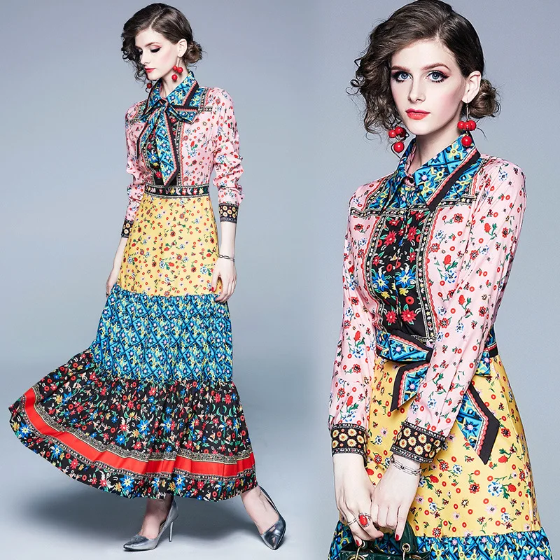 

2019 New Style WOMEN'S Dress Retro Floral Joint Printed Fold-down Collar Bow Big Hemline Long-sleeved Dress-