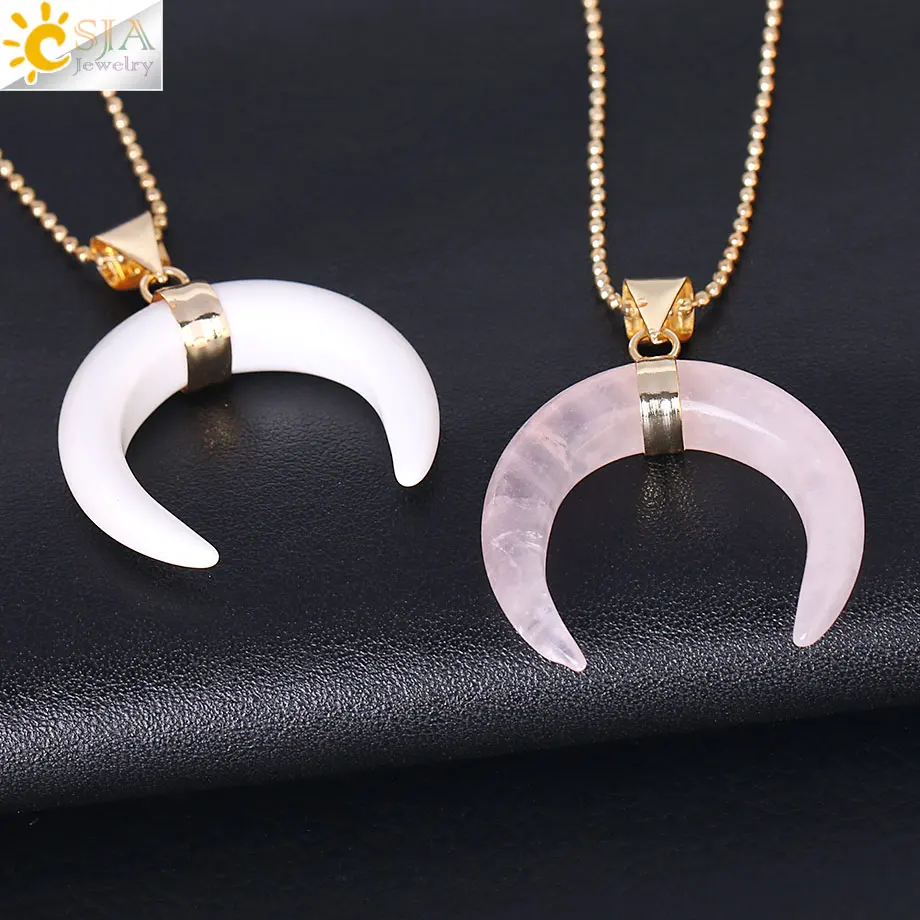 CSJA Natural Stones Crescent Moon Necklaces Pendants Purple Crystal Pink Quartz White Stone Gold Color Reiki Women Jewelry F306