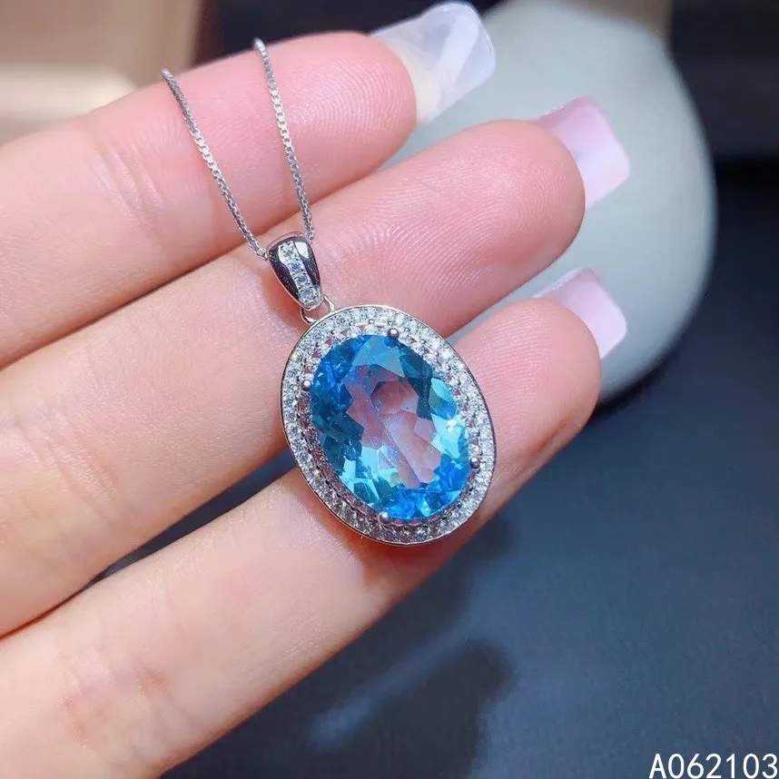 

KJJEAXCMY fine jewelry 925 Sterling Silver inlaid natural Blue Topaz women noble Simple oval big GEM PENDANT support detection