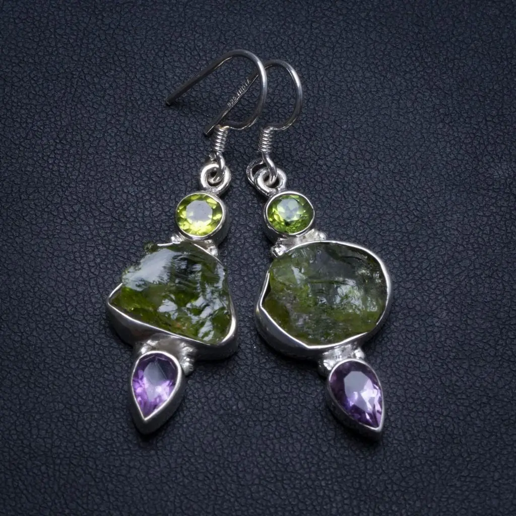 Natural Green Amethyst Rough Peridot&ampAmethyst Handmade Boho 925 Silver Earrings 1.75&quot U0932 | Украшения и аксессуары