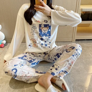 

Round Neck Women's Pajama Sets Long Sleeves Long Pants Pyjamas Cartoon Printed Sweet Pijamas Spring Autumn Winter Sleepwear
