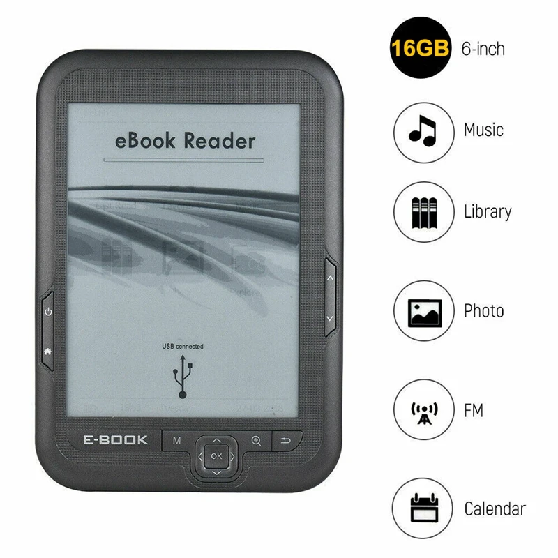 6 Inch 16GB Ebook Reader E Ink Capacitive E Book Light Eink Sn E Book E Ink E Reader MP3 with Case WMA PDF HTML