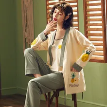 Новинка, милая повседневная одежда для сна, женский халат, комплект из 3 предметов, домашняя хлопковая одежда, одежда для сна женская Свободная Домашняя одежда