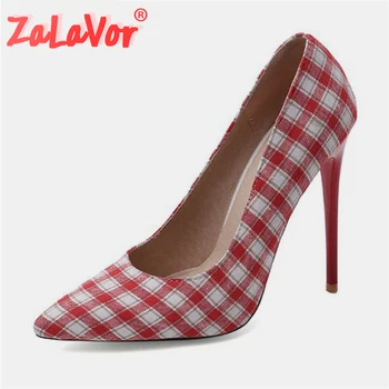 

ZALAVOR Size 34-47 Sexy Women Pumps Shoes Cotton Upper Pointed Toe Thin High Heels Shoes Women Fashion Grids Casual Footwear