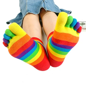 

Autumn Winter Cute Funny Five Fingers Rainbow Color Striped Printed Toe Ankle Socks Women Cotton Harajuku Korean Female