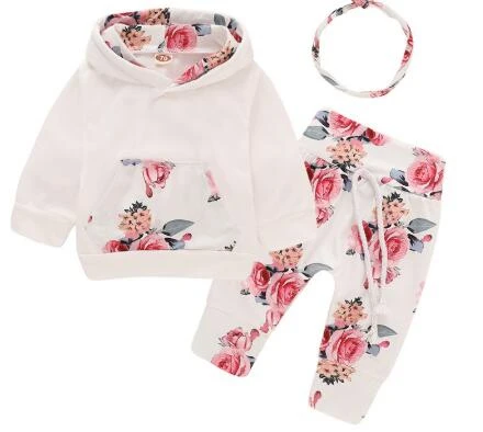 

High Quality Baby Girl Clothes Set Autumn Clothing For Baby Floral Tops+comfortable Pants+headband Rose Print