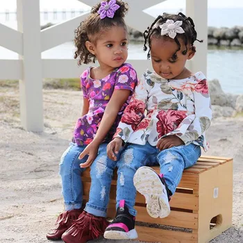 

Baby girl Toddler kids clothes ropa niña одежда для новорожденных Floral Tops T-shirt Ripped Jeans Denim Pants Outfits Set #4
