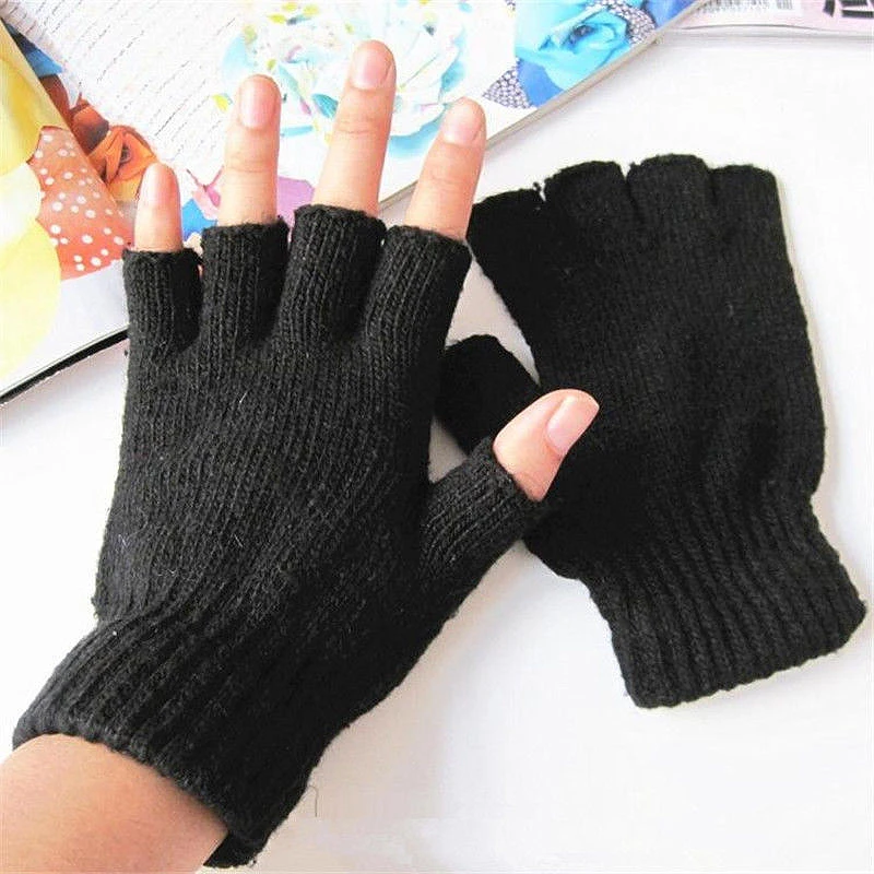 Горячая wo мужские черные вязаные перчатки эластичные теплые зимние перчатки без пальцев