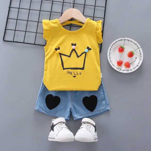 New Baby Girls Clothing Outfits Brand Summer Newborn Infant Sleeveless T-shirt Shorts 2pc/Sets Clothes Casual Sports Tracksuits EL huangguanS Yellow